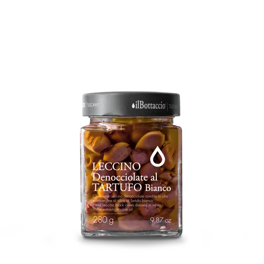 OLIVE NERE LECCINO DENOCCIOLATE AL TARTUFO BLANCO IN EXTRA VERGINE | 280 g